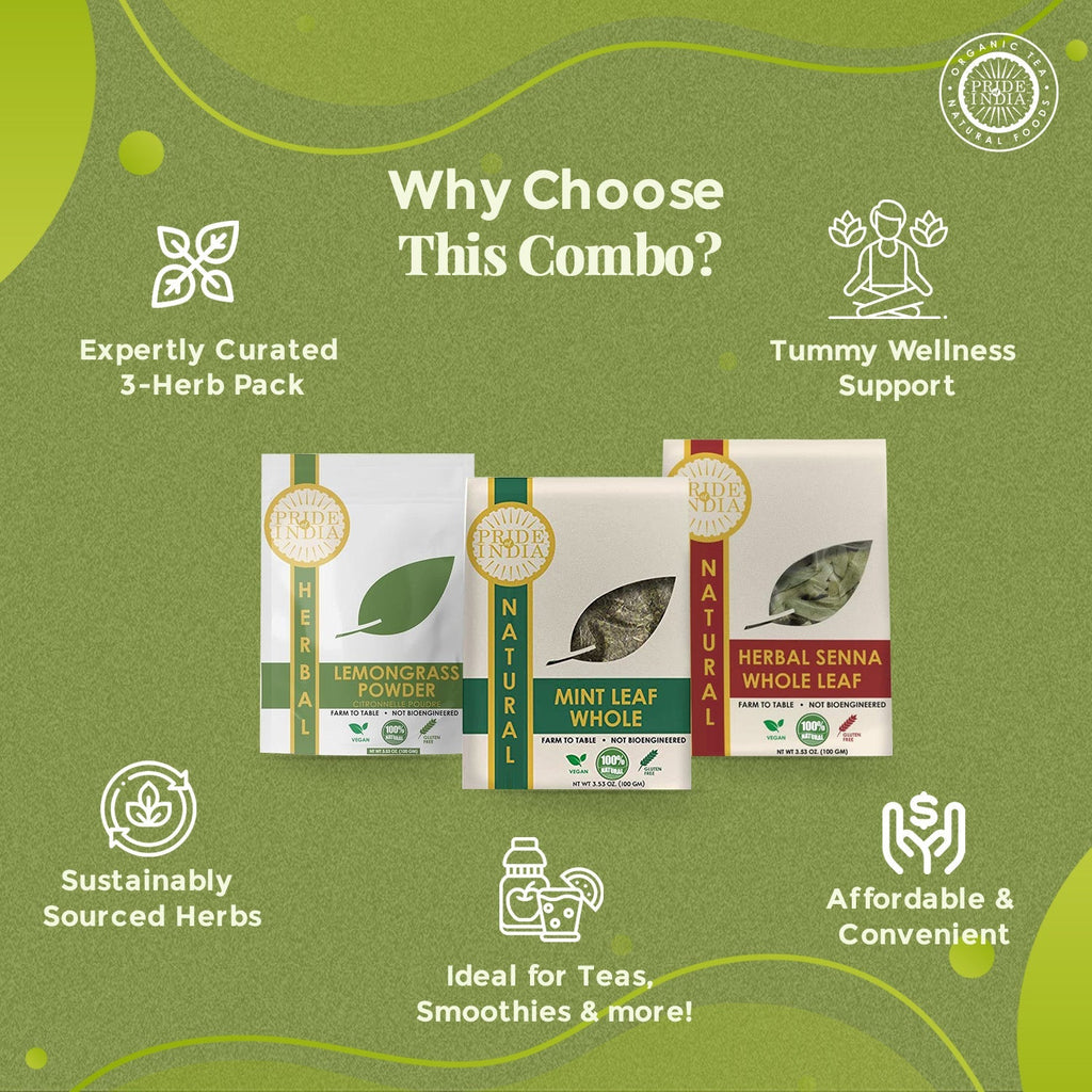 Digestive Health Trio 10.59 oz (300 gm) | Includes Mint Leaf Whole, Lemongrass Fine Cut & Senna Herbal Tea Leaf Whole | Perfect for Hot/Iced Tea, Mocktails | Promotes Inner Wellness | 3 PACK of 3.53 oz
