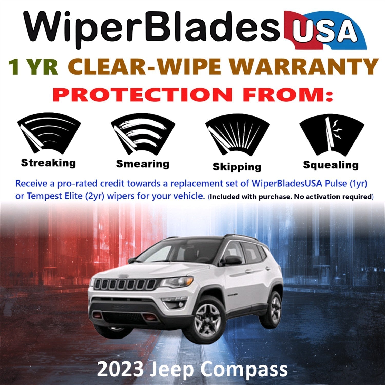 2023 Jeep Compass Wiper Blades w/1yr Wear Warranty (Set of 3) w/Rear Wipers